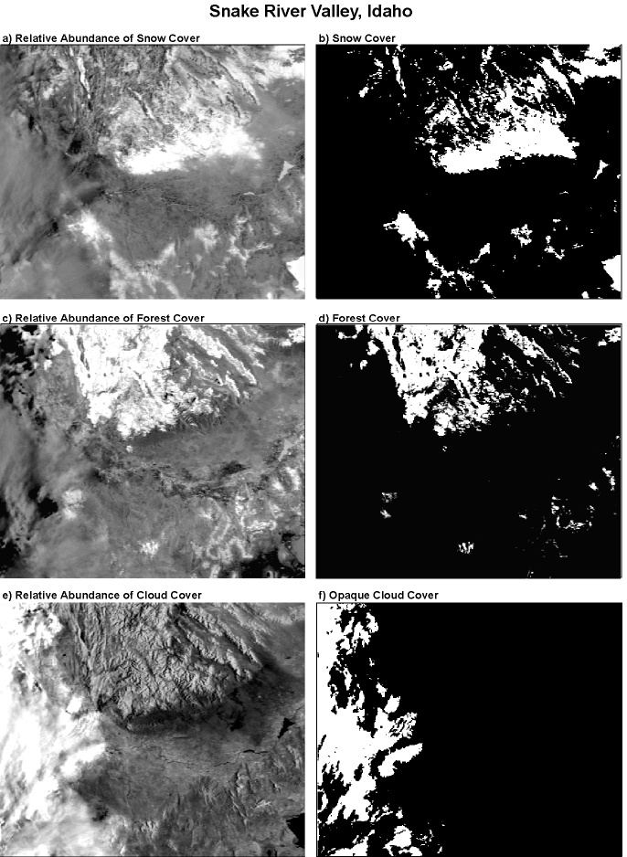 Relative abundance and threshold classification of (a,b) snow cover, (c,d) forest cover, and (e,f) cloud cover determined using linear spectral unmixing