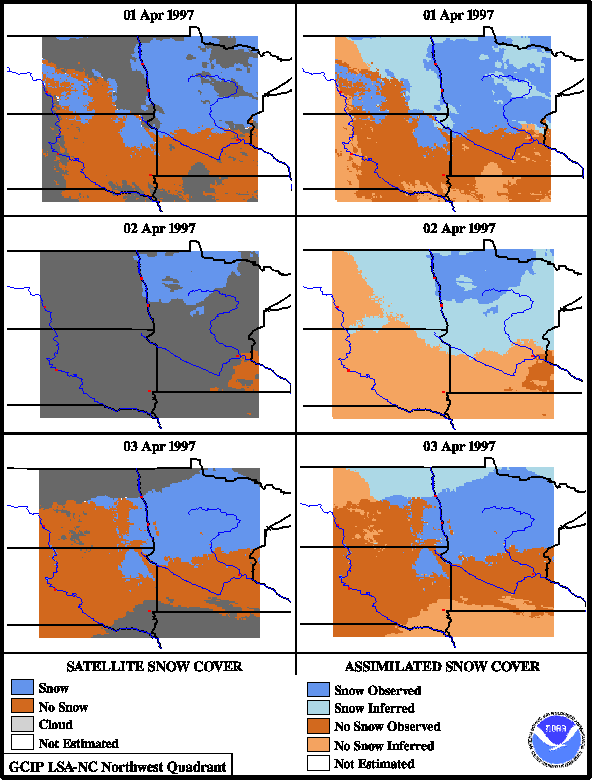 Comparison of traditional snow cover products with assimilated product for April 1-3, 1997