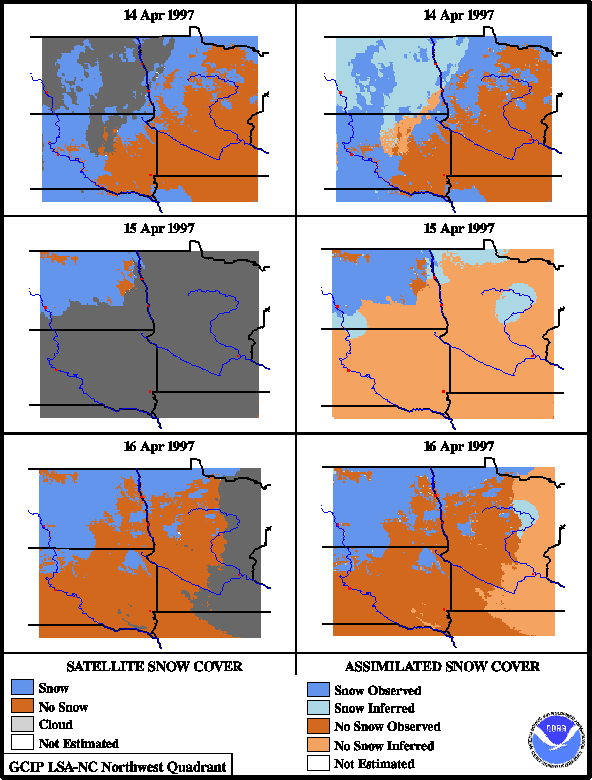 Comparison of traditional snow cover products with assimilated product for April 14-16, 1997